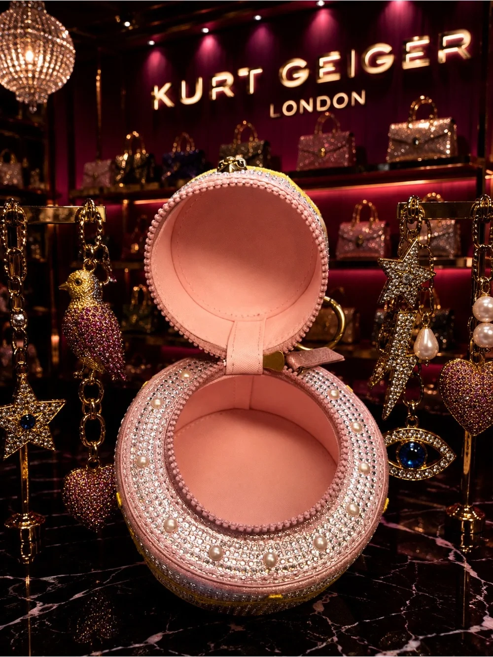 Kurt Geiger Pink Crystal Embellished Cake bag charm